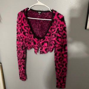 Hot Pink Cheetah Print Fuzzy Crop Sweater